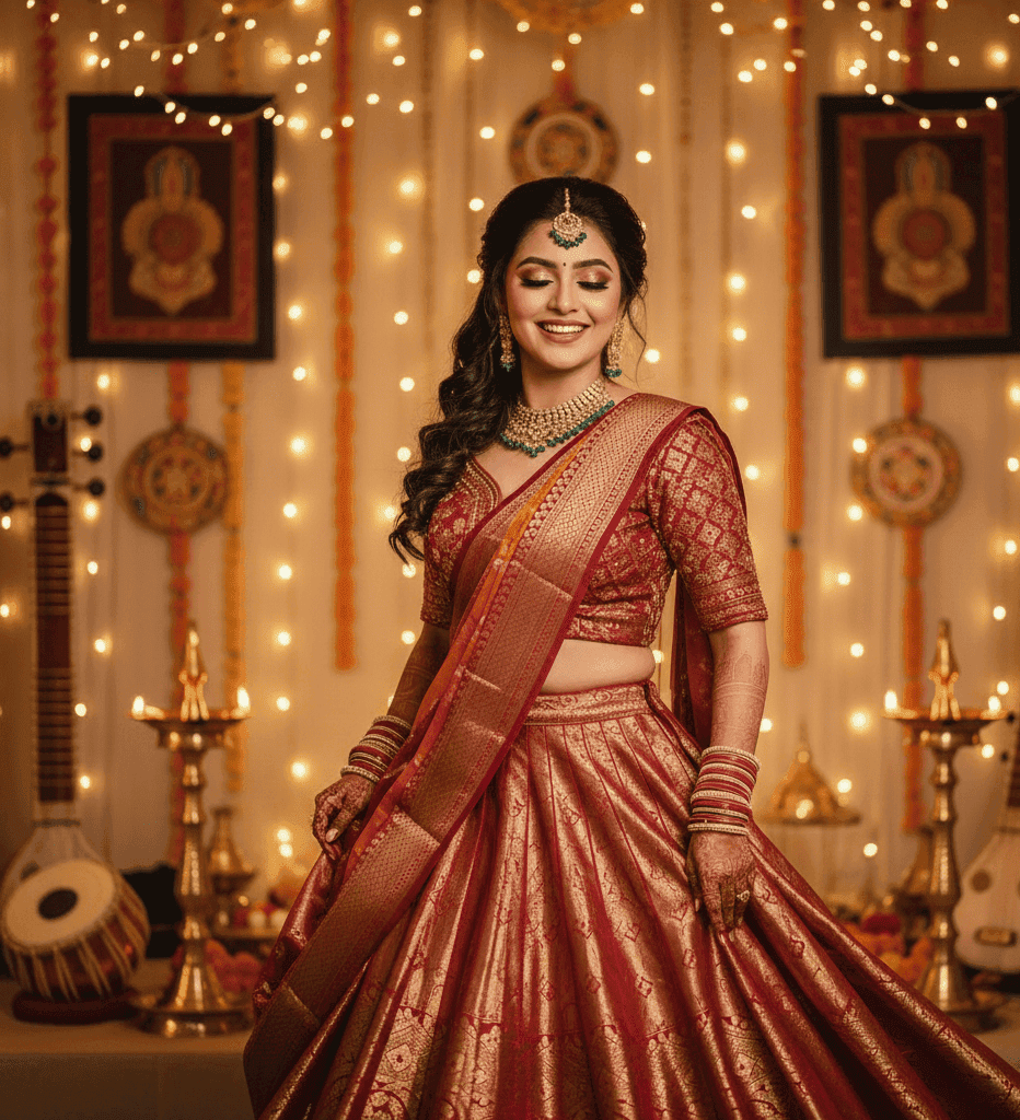 Traditional and modern sangeet bridal makeup look in Varanasi wedding function