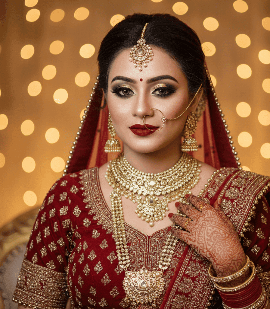 Night wedding bridal makeup look in Varanasi with bold smokey eyes and red lehenga under stage lighting