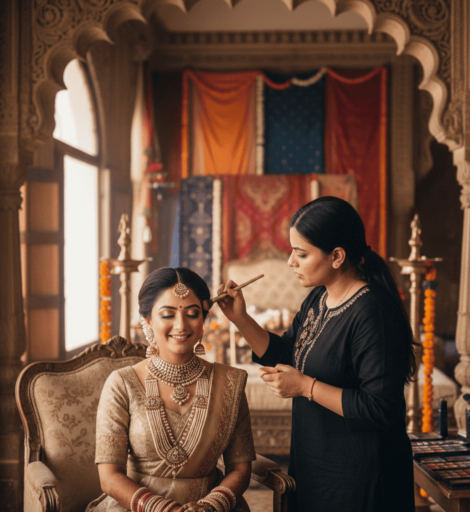 On-location sangeet bridal makeup service for a stress-free and perfectly timed wedding function.