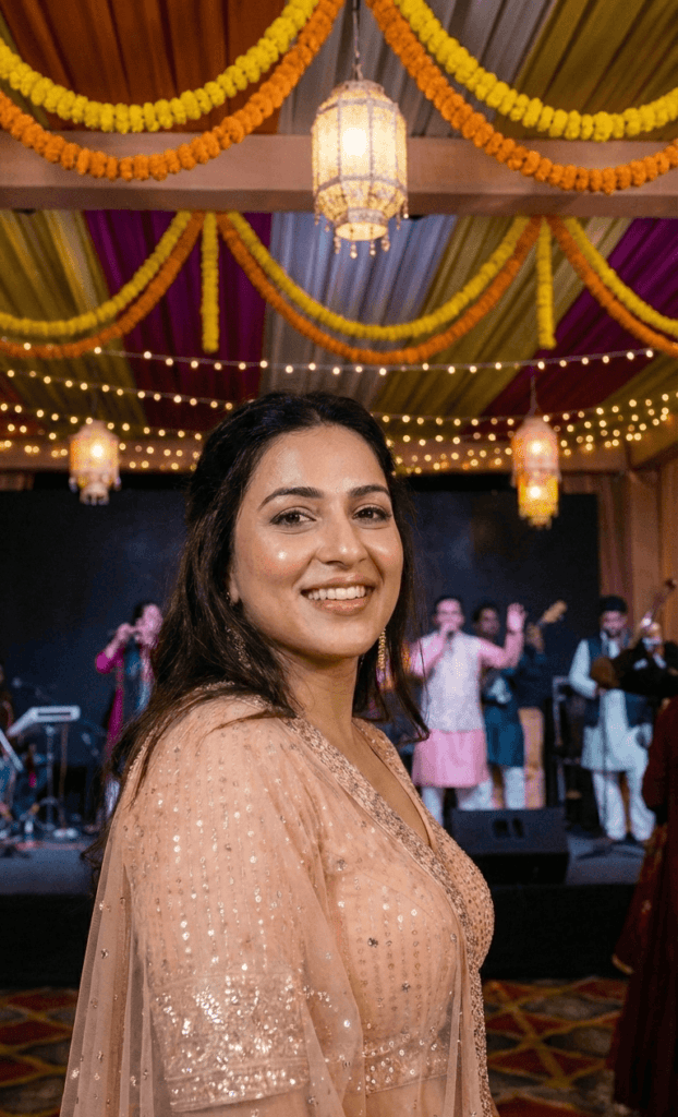 Sangeet bridal makeup in Varanasi with fresh glowing look and elegant lighting