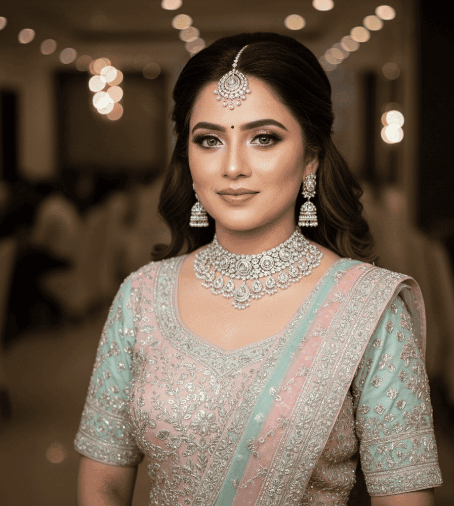 Traditional night wedding bridal makeup look in Varanasi with maroon lehenga and royal jewelry