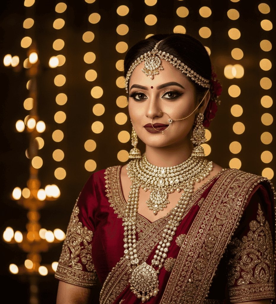 Soft glam night bridal makeup look in Varanasi for banquet hall evening wedding
