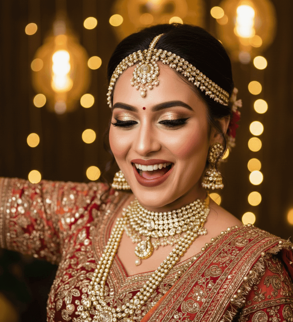Close up of dance ready sangeet bridal makeup in Varanasi with long lasting finish