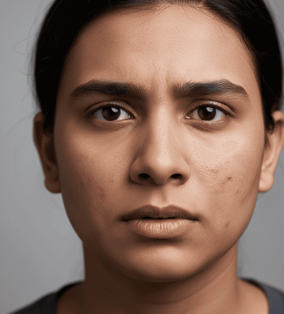 Acne-prone Indian skin with redness and post-acne marks caused by harsh skincare