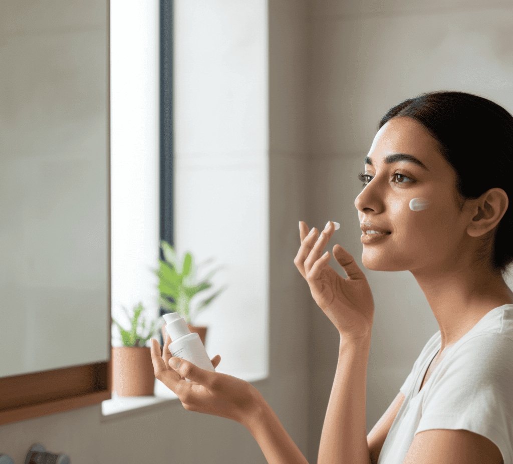 Indian woman applying lightweight moisturizer as part of a healthy daily skincare routine