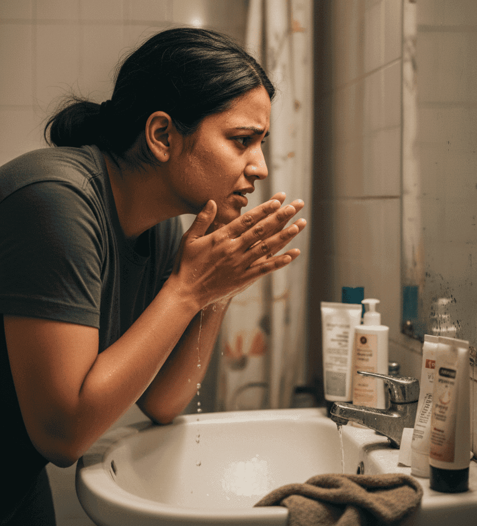 Indian woman over-washing her face causing dryness and skin barrier damage