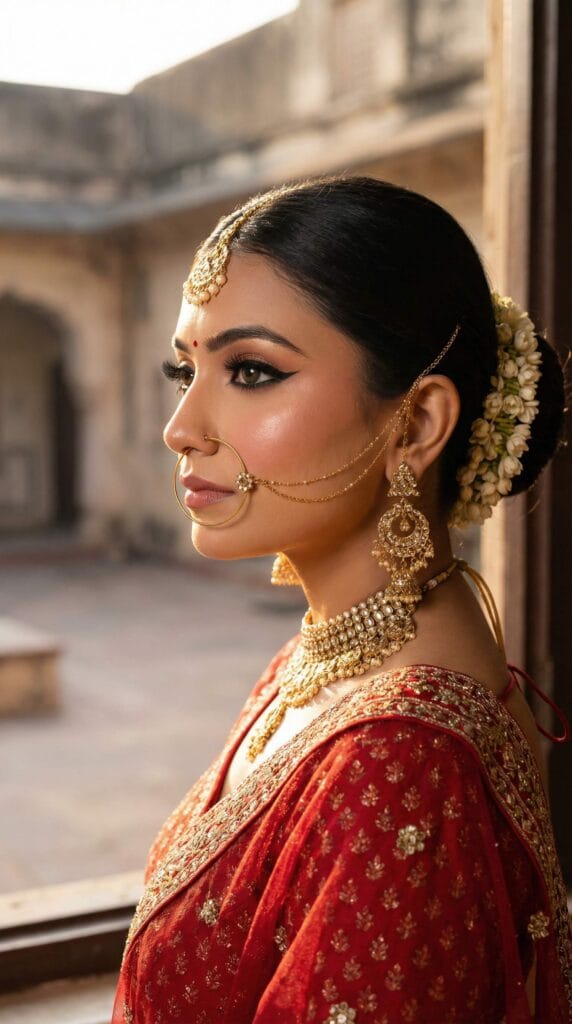 Side profile of Indian bride with flawless HD bridal makeup by professional bridal makeup artist in Bhelupur Varanasi
