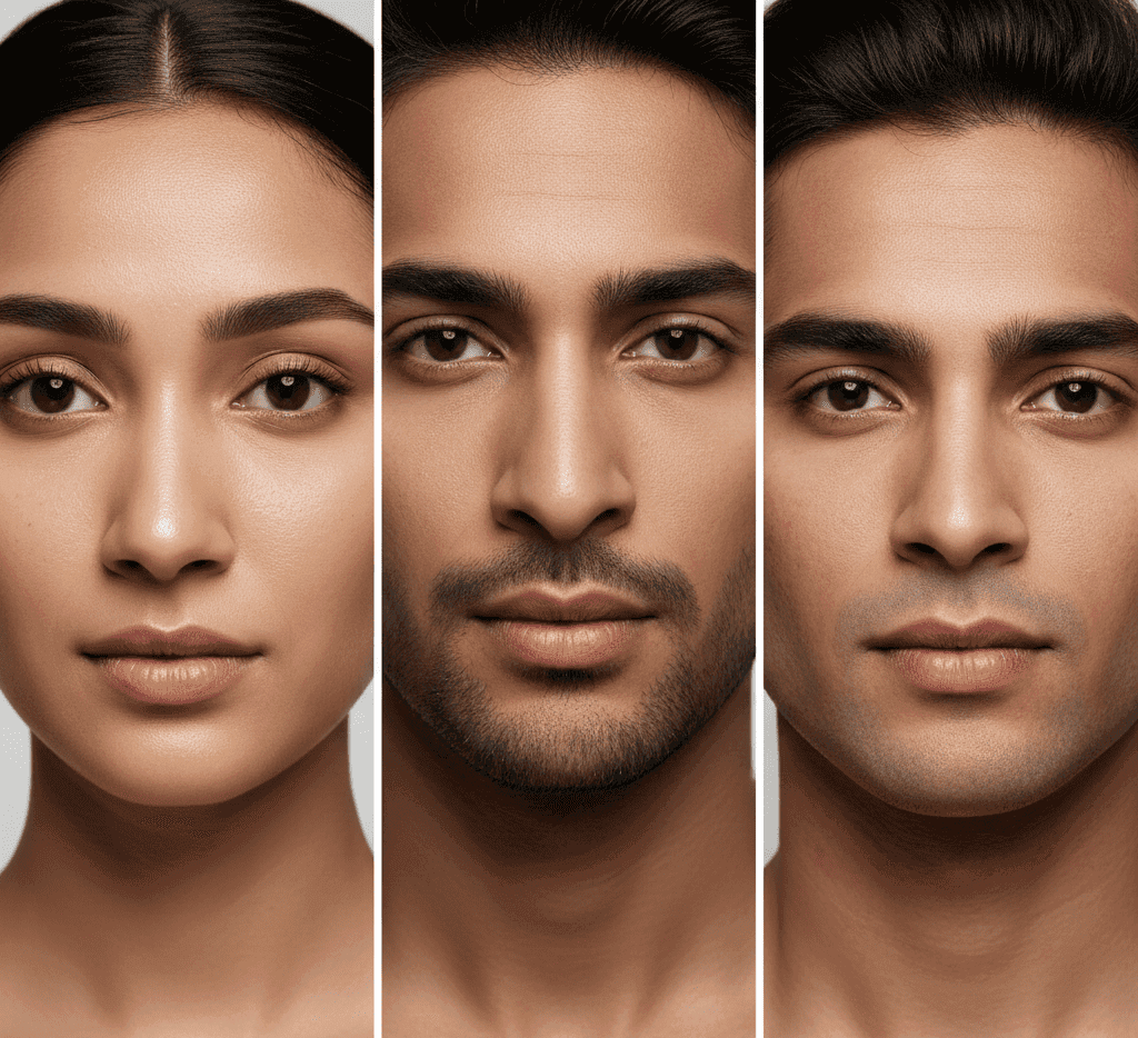 Different Indian skin types including oily, dry, combination, and sensitive skin shown with natural skin tones