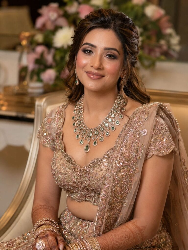 Advanced HD engagement makeup look by professional makeup artist in Ghaziabad with glamorous bridal finish
