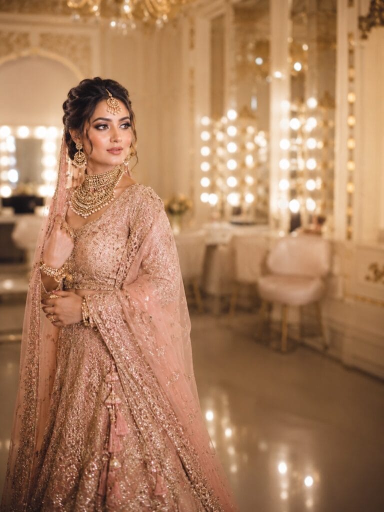 Indian bride with flawless airbrush bridal makeup by bridal makeup artist in Ghaziabad