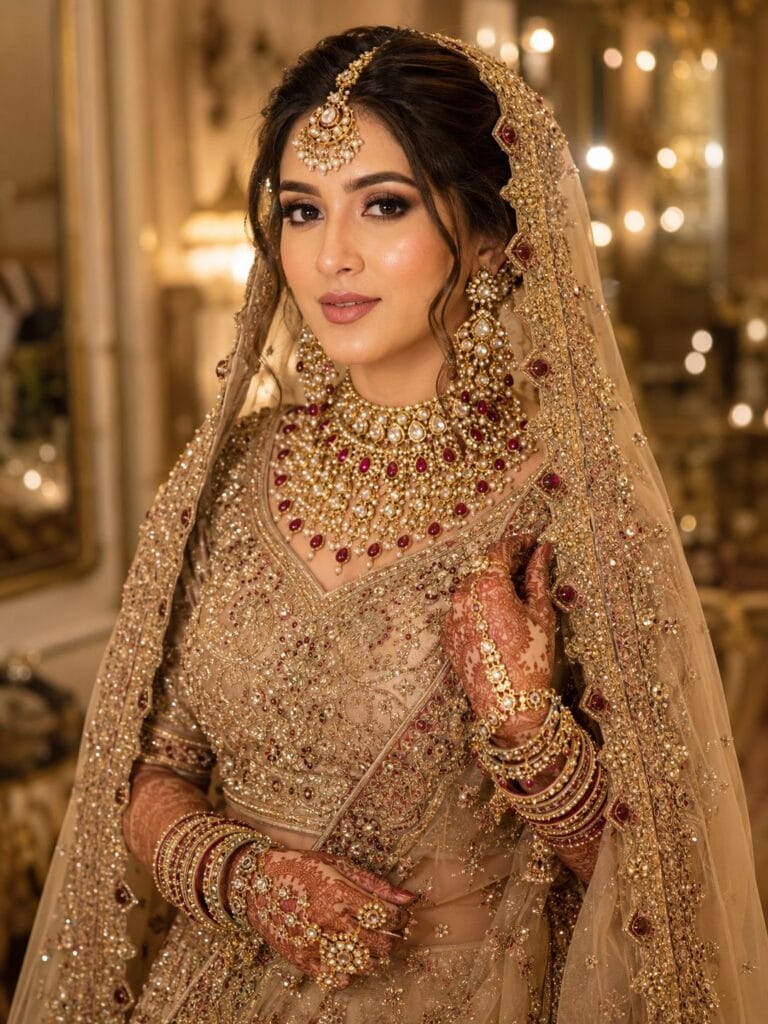 Indian bride with flawless airbrush bridal makeup by bridal makeup artist in Ghaziabad
