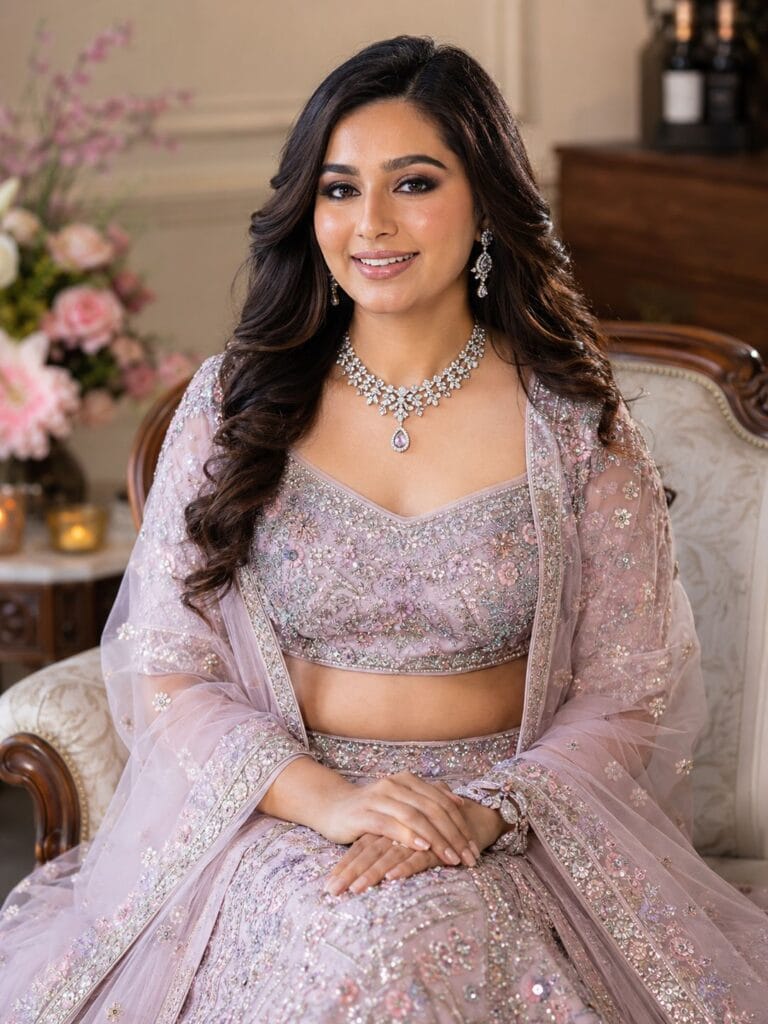 Luxury airbrush HD engagement makeup by professional makeup artist in Ghaziabad for flawless bridal look