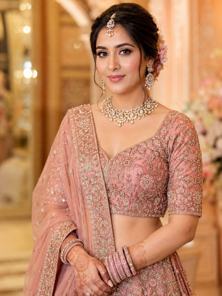 Indian bride with elegant basic bridal makeup by professional bridal makeup artist in Ghaziabad