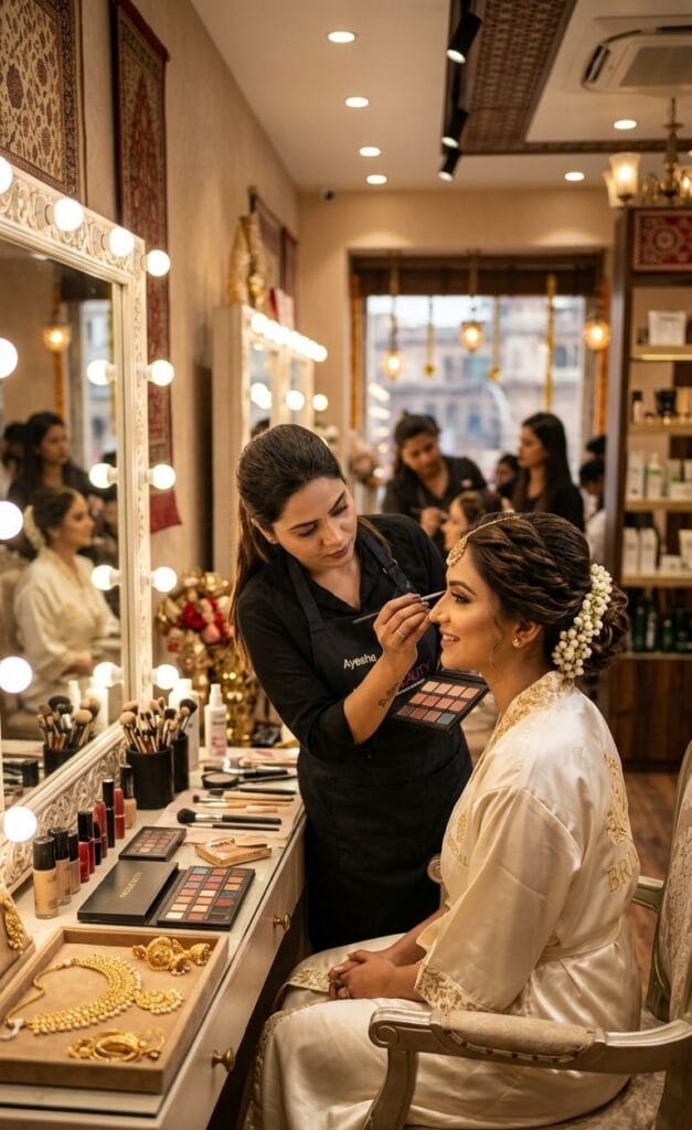 Professional wedding makeup artist applying bridal makeup in Varanasi