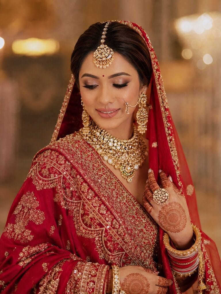 Indian bride with flawless bridal makeup and elegant traditional wedding look in Ghaziabad
