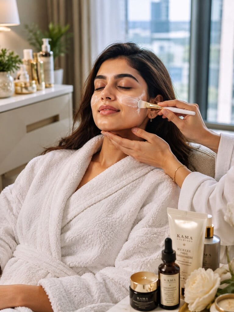 Indian woman enjoying a luxury facial and skincare treatment at home in Ghaziabad