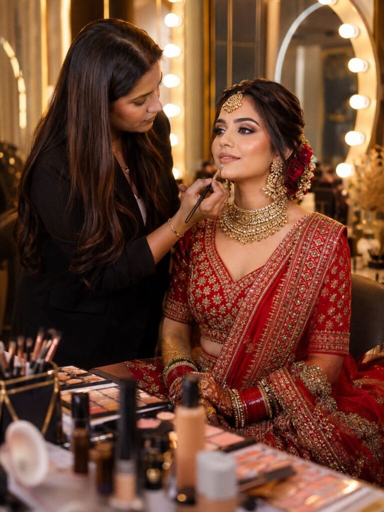 Professional bridal makeup artist in Ghaziabad applying HD bridal makeup