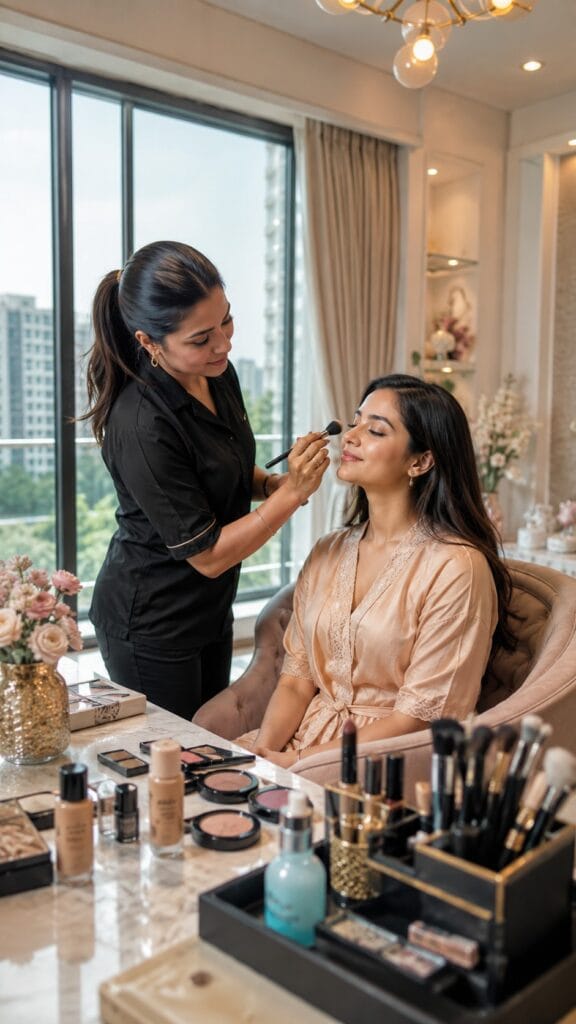 Professional beautician providing luxury home beauty services to a woman at home in Ghaziabad