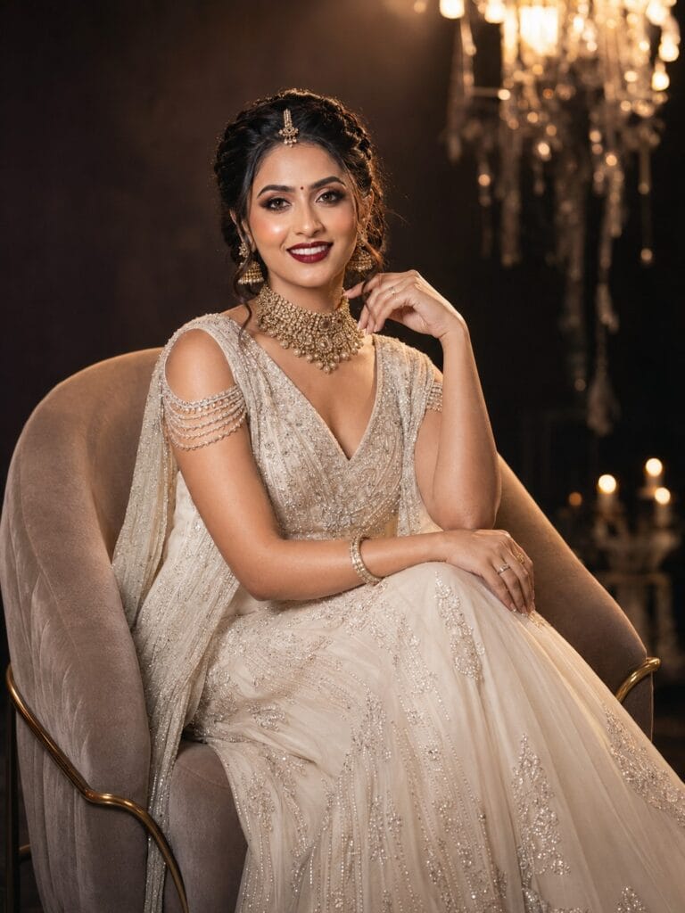 Stylish Indian bride sitting on luxury chair with flawless makeup