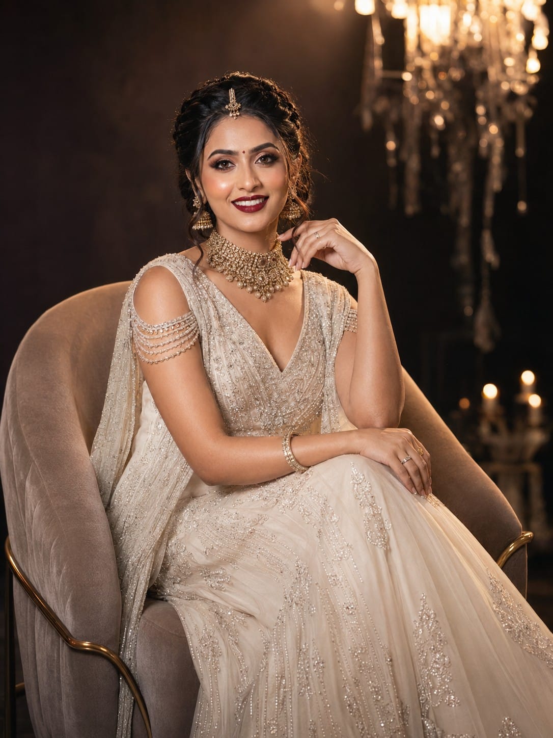 Stylish Indian bride sitting on luxury chair with flawless makeup