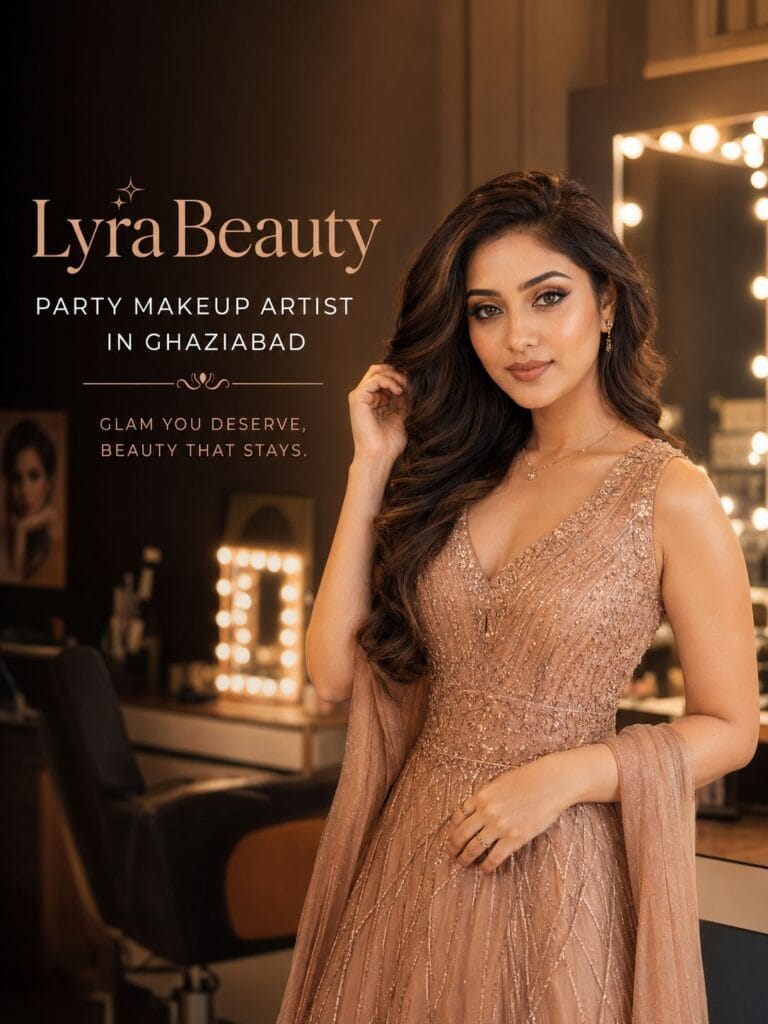 Professional party makeup artist in Ghaziabad creating soft glam HD makeup look for a female model at LyraBeauty salon