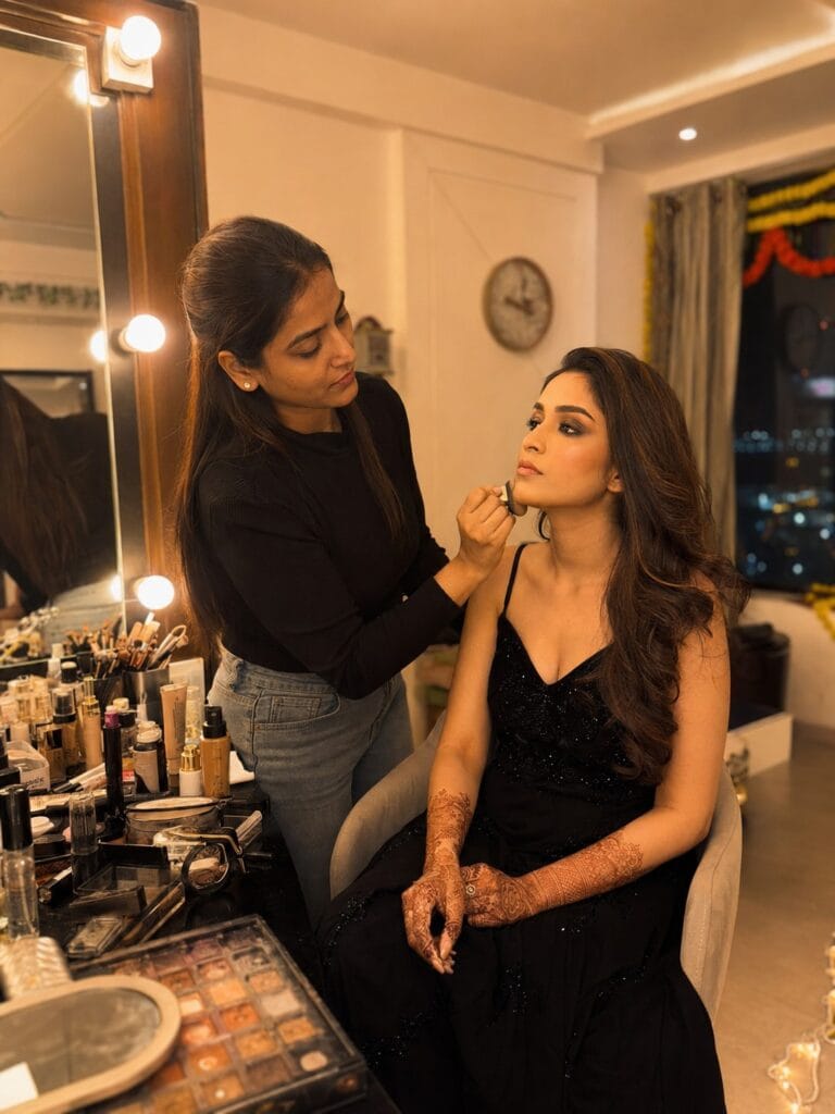 Professional makeup artist doing party makeup at home in Ghaziabad for a woman in a luxury apartment