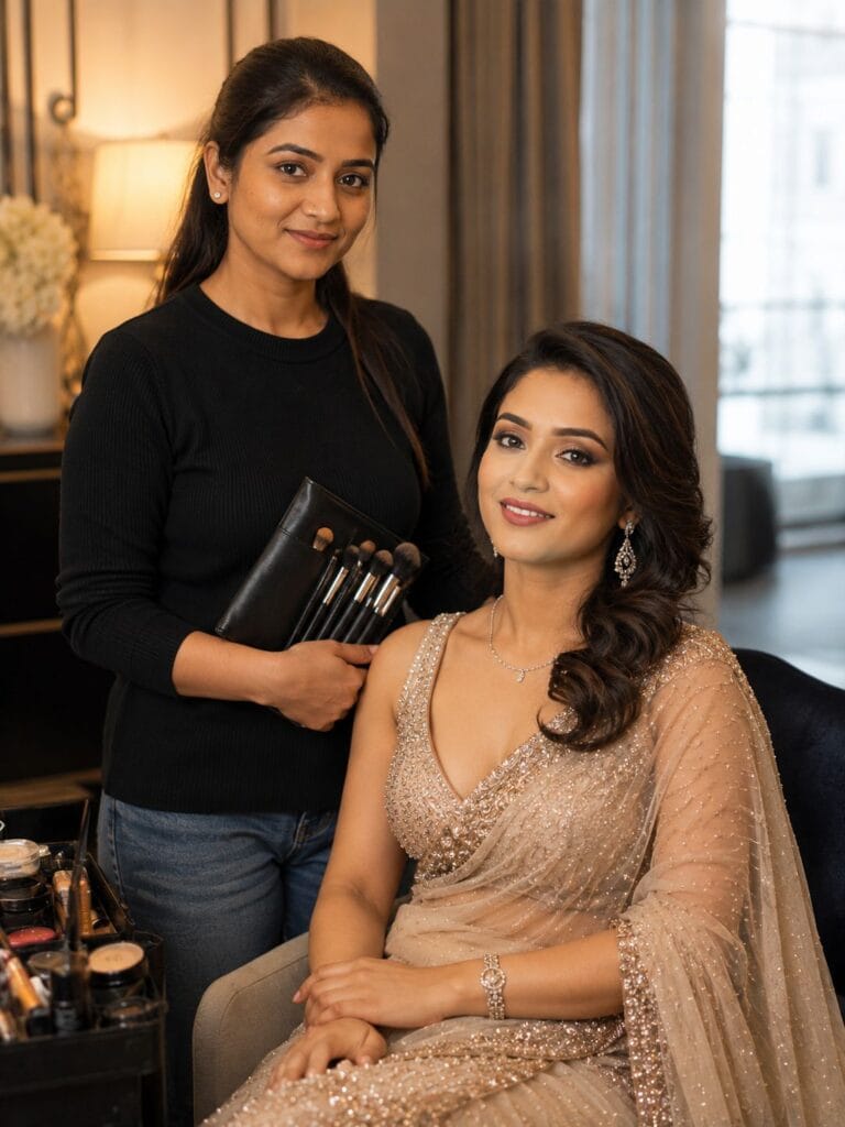 Indian woman posing after party makeup transformation at home in Ghaziabad