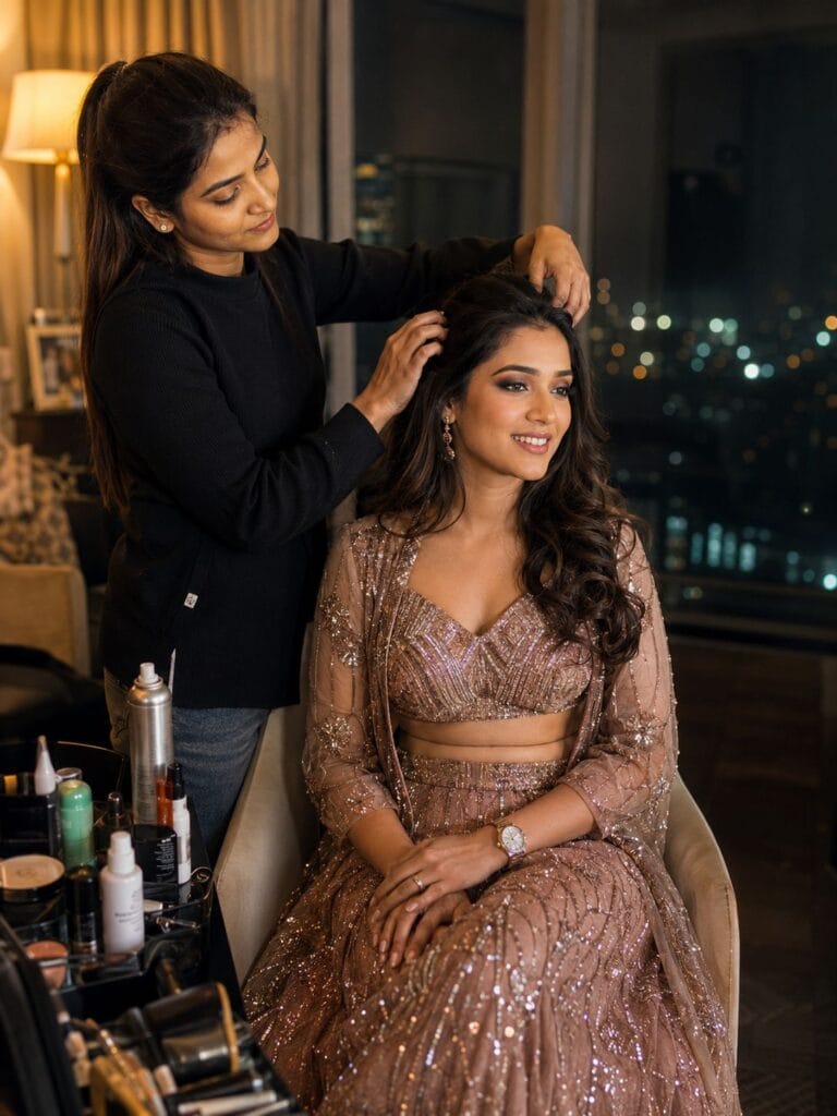 Glamorous party makeup preparation at home in Ghaziabad before evening event