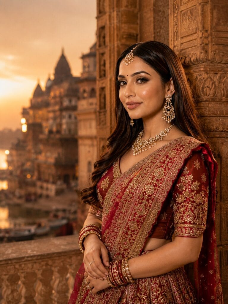 Traditional Indian bride in red Banarasi lehenga with royal engagement makeup