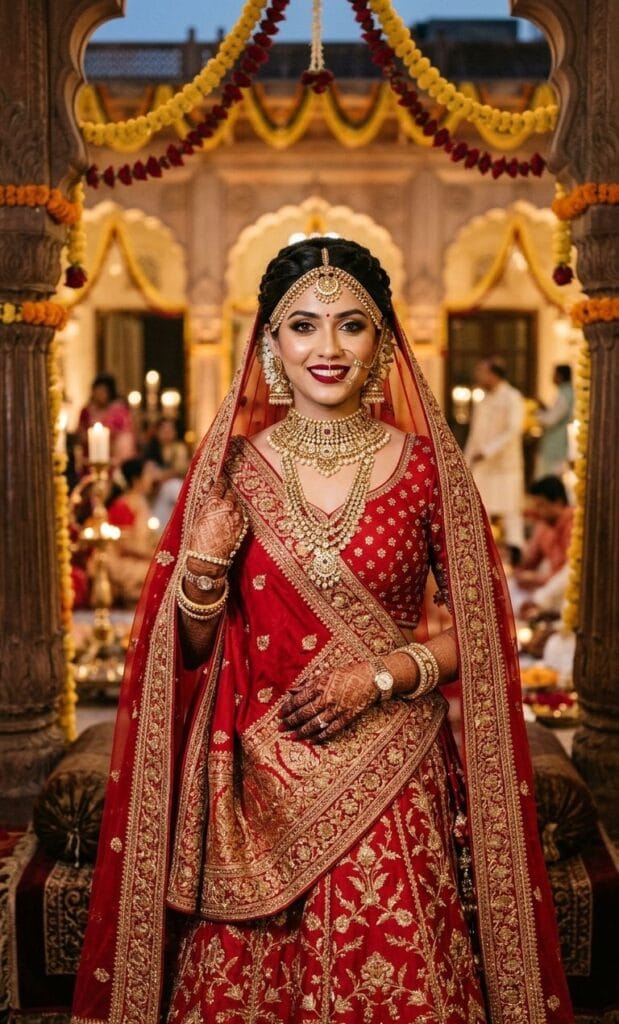 Royal Indian bride with flawless bridal makeup in Varanasi
