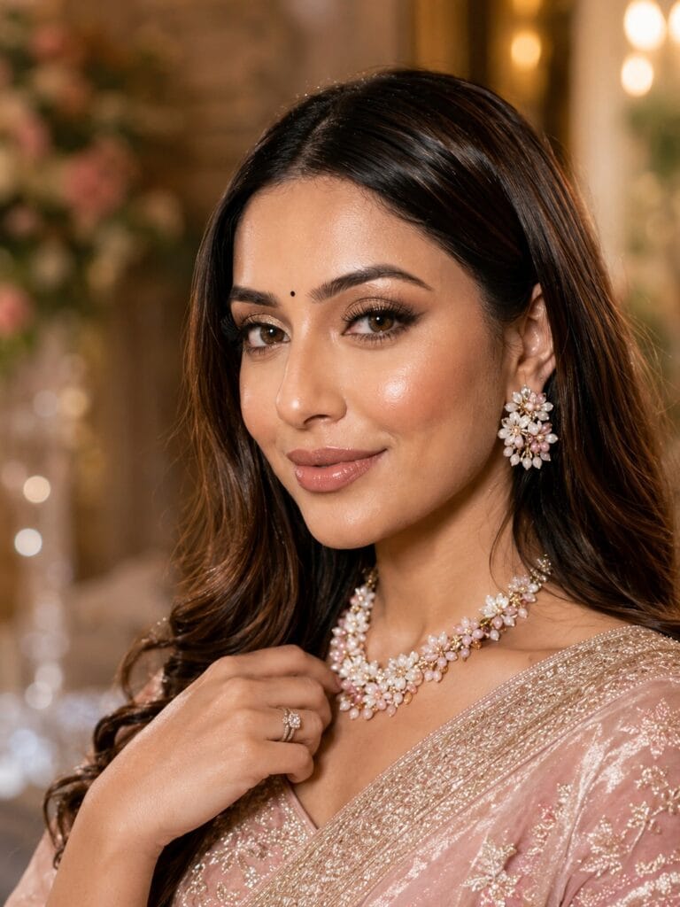Indian bride close-up portrait with soft glam makeup and glowing skin