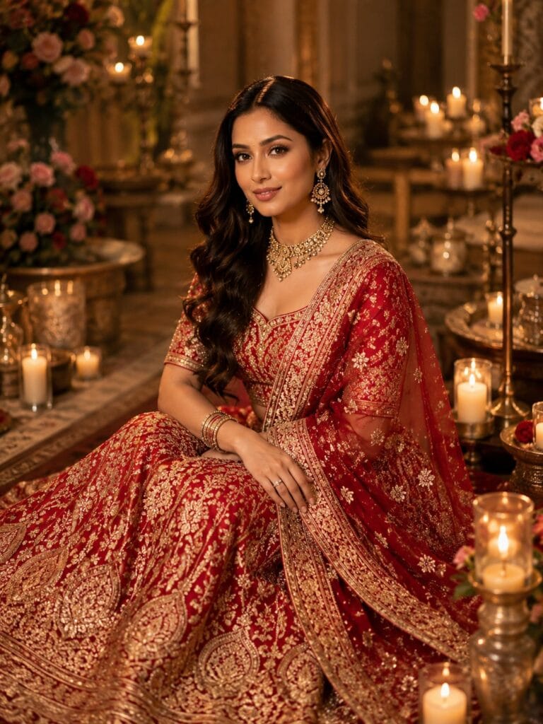Traditional Indian bride sitting on floor in Banarasi lehenga