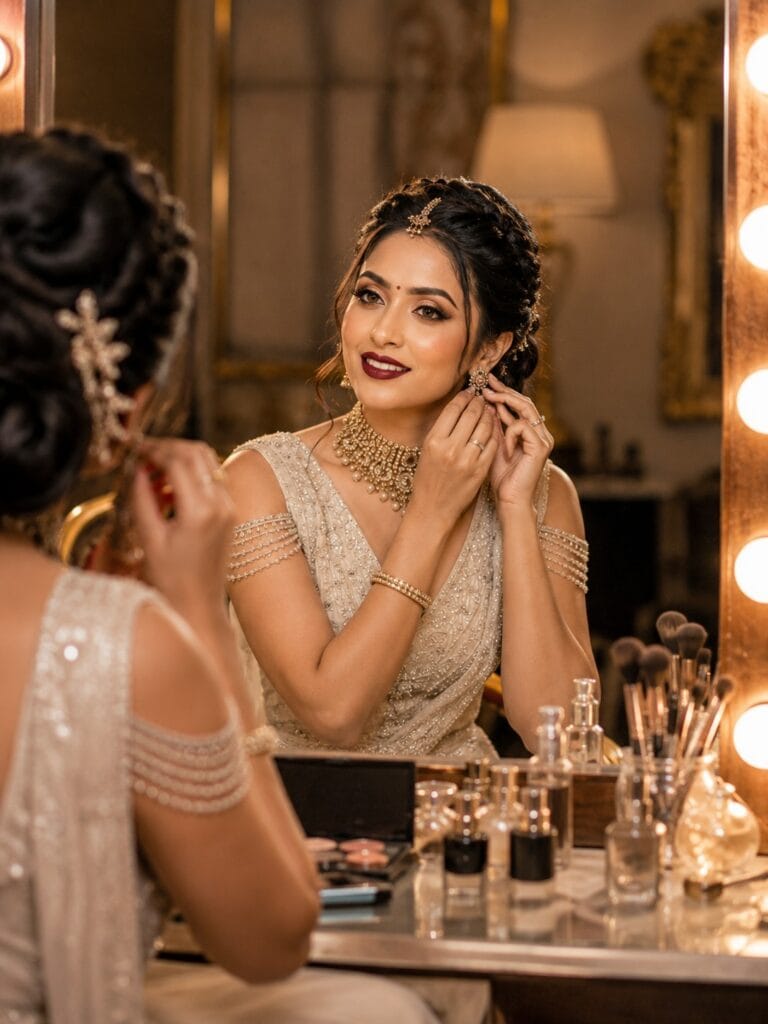 Bride looking in vanity mirror while adjusting earrings