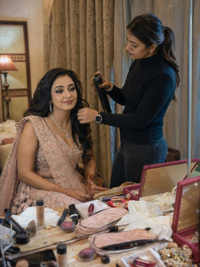 Wedding guest party makeup artist in Kaushambi Ghaziabad preparing bridal glam look
