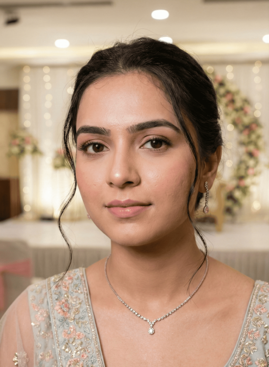 Basic engagement makeup look for brides in Varanasi with natural finish and soft traditional styling